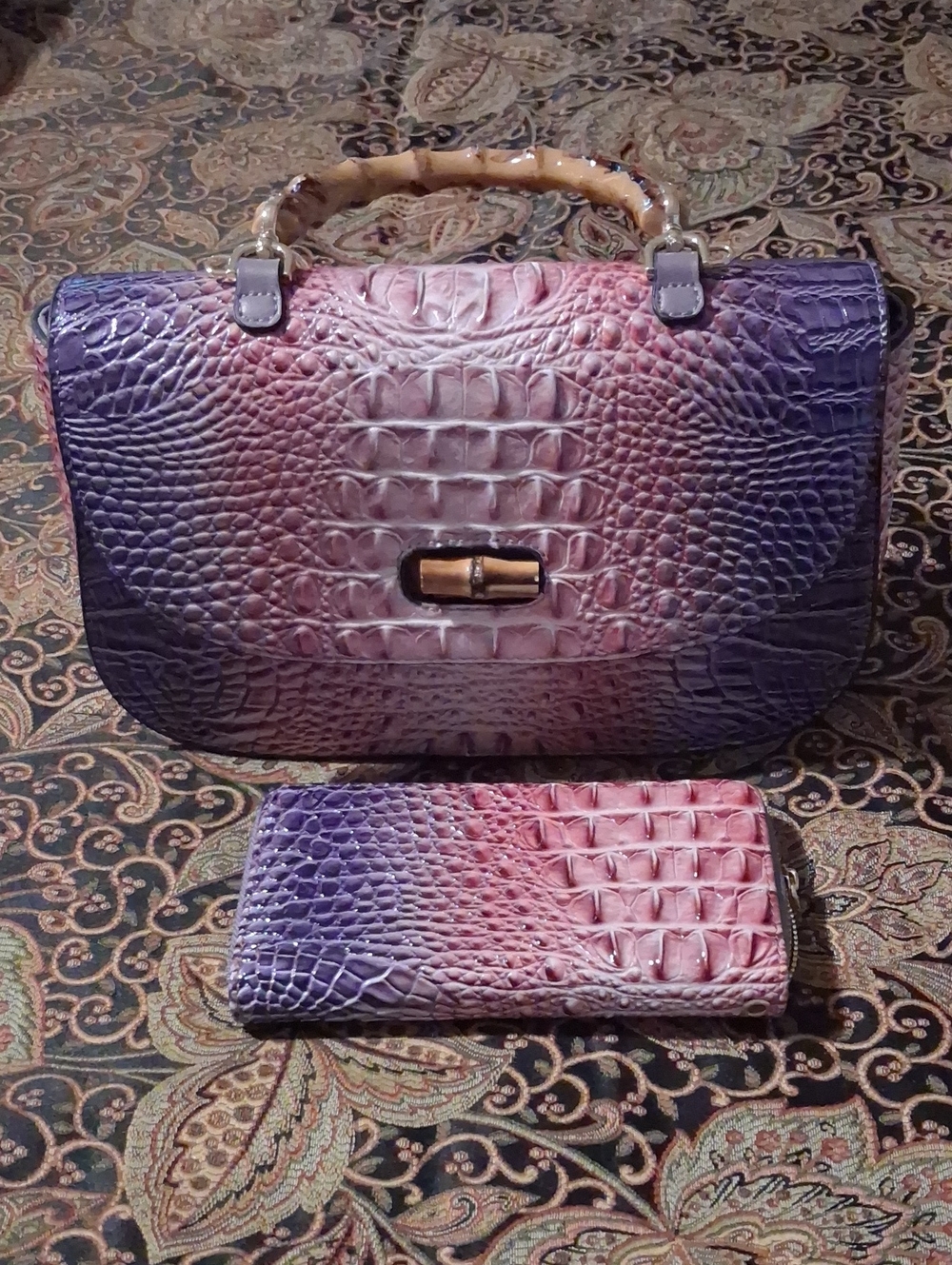 Purple-Pink Croc-Embossed Top-Handle Bag with Wallet